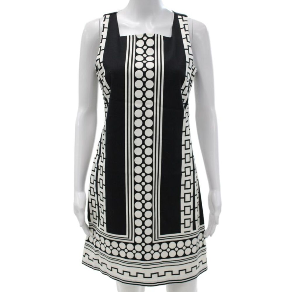 Julie Brown Women Shift Dress Black Square Neck Sleeveless Geometric Size 4